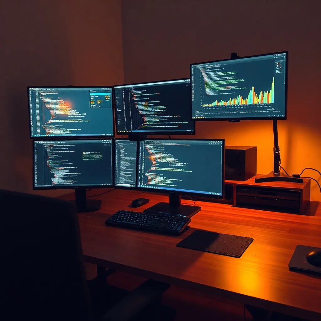 Professional technical workstation with multiple monitors sh