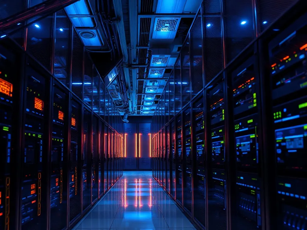 Cinematic shot of high-tech data center server racks with bl