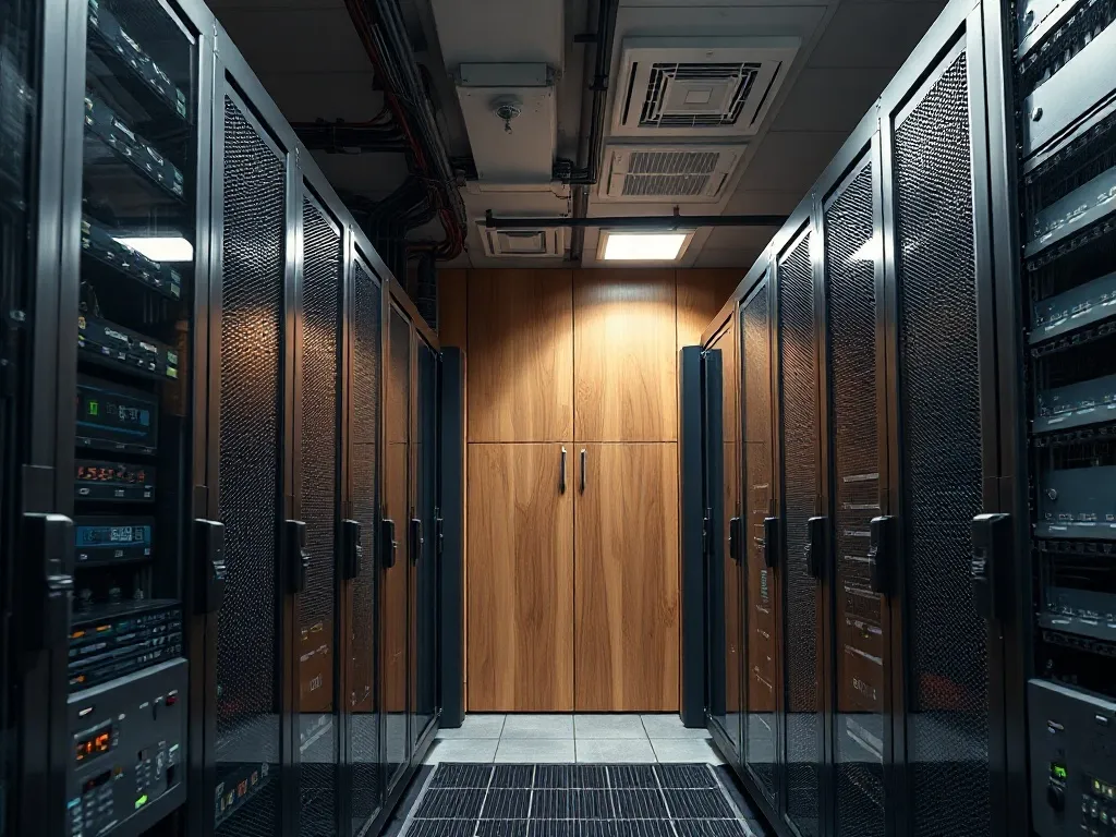 Professional server room with clean cabling, wood accents on